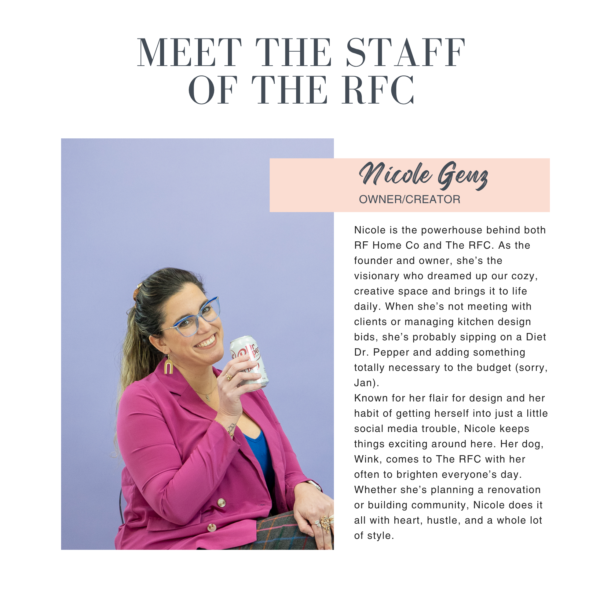 Person holding a can with text about the staff of the RFC and Nicole Genz.