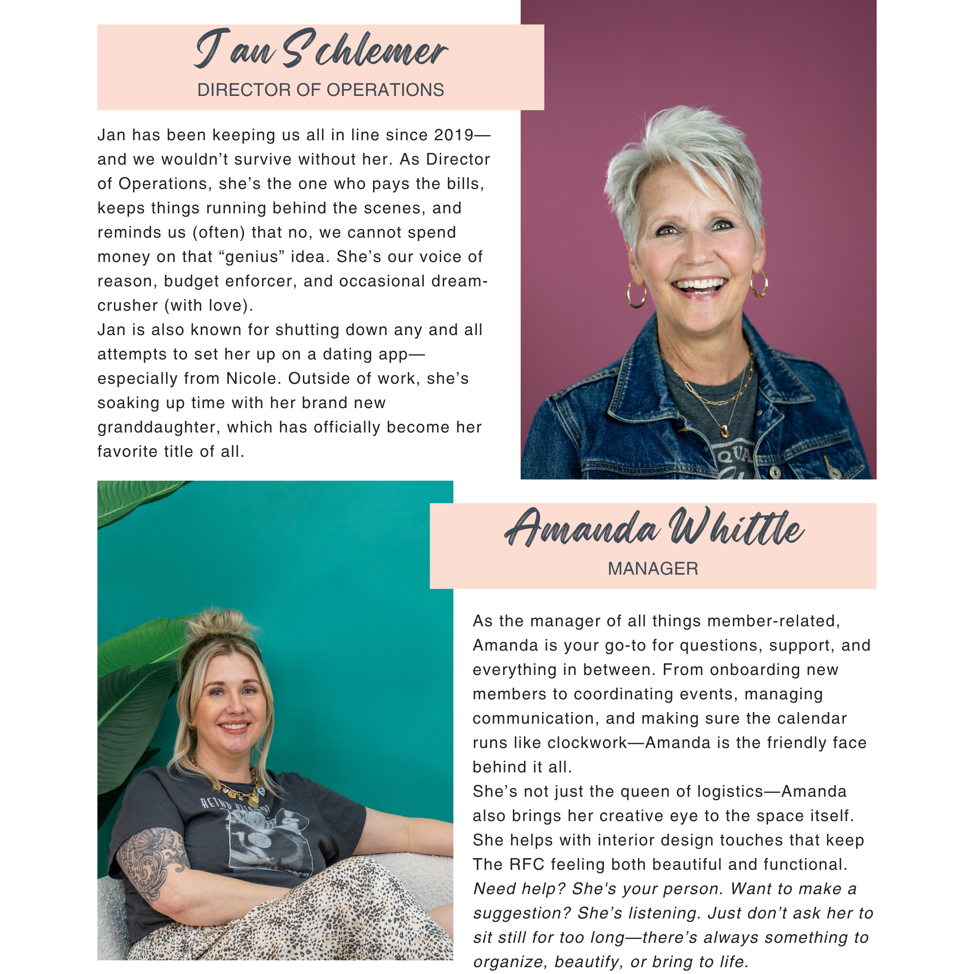 Two individuals, Jan Schlemer and Amanda Whittle, with text describing their roles and contributions.