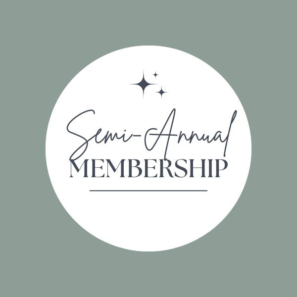 White circle with 'Semi-Annual Membership' text on a gray background