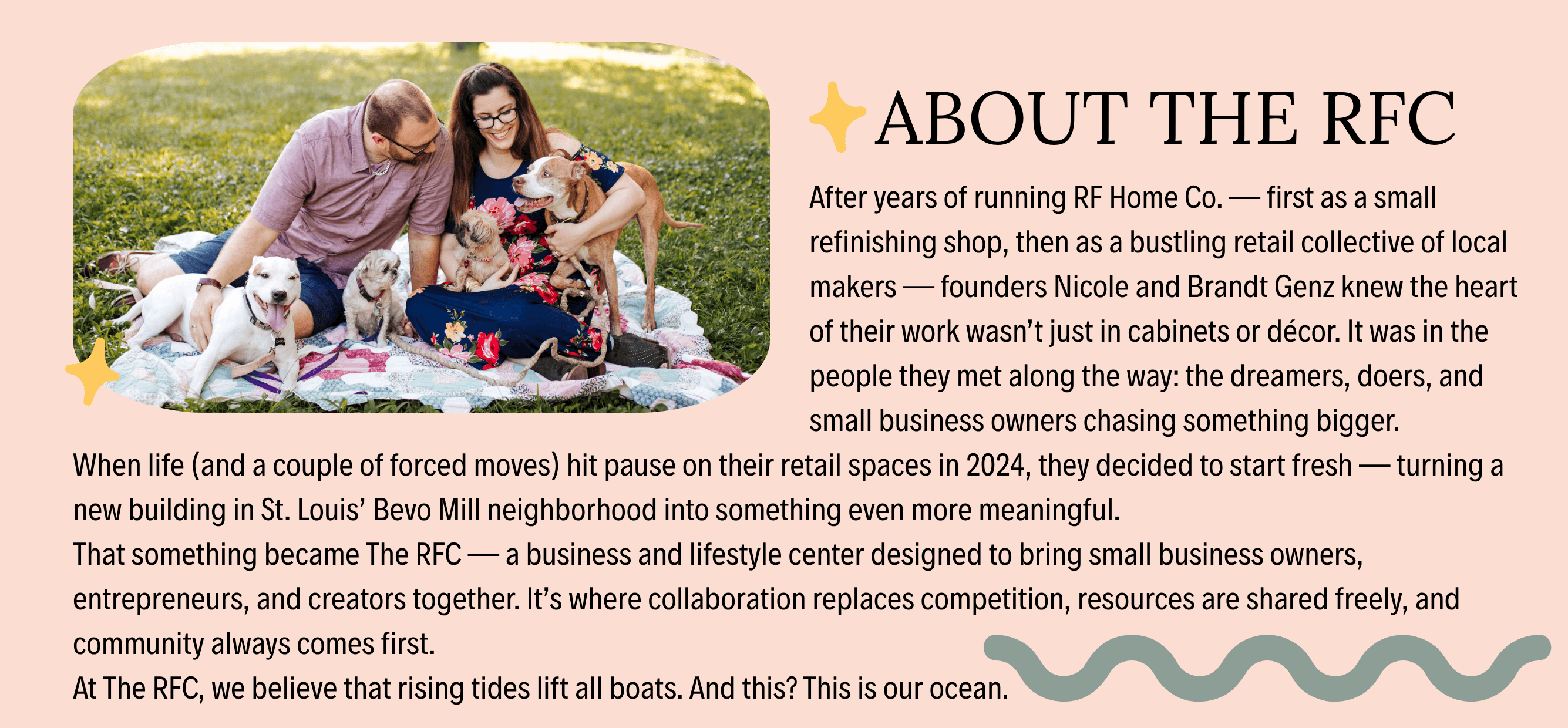 Family with dogs in a park, with text about The RFC on a pink background