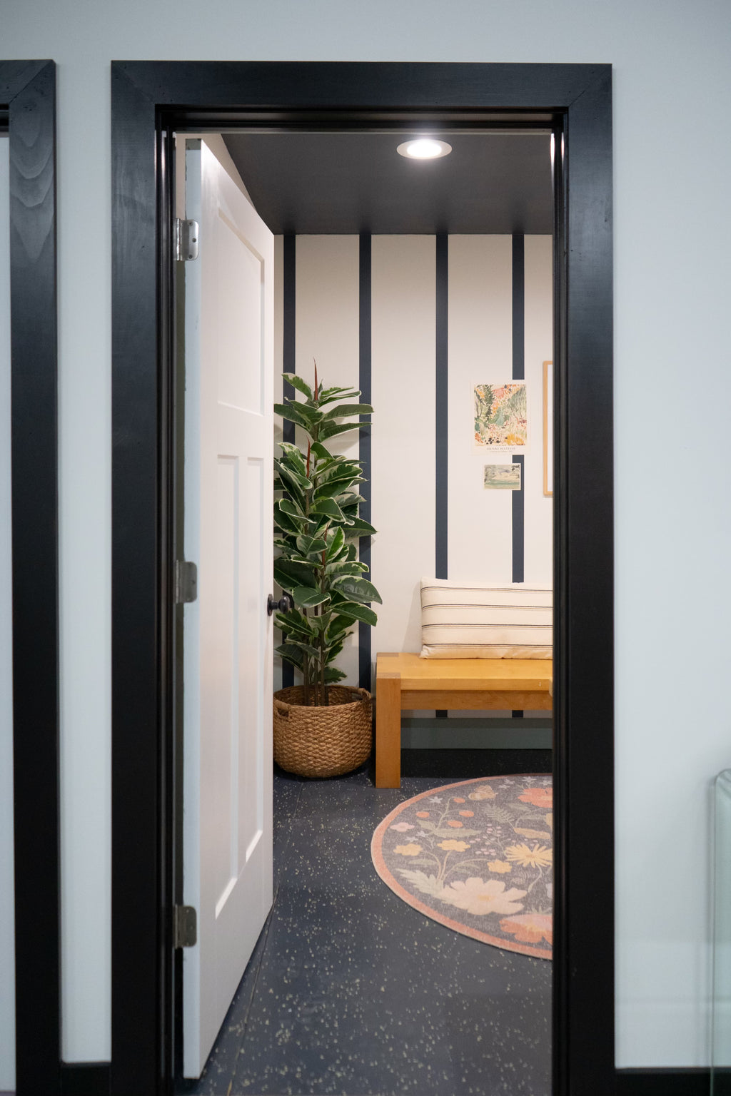 Doorway to a blue striped room with plant