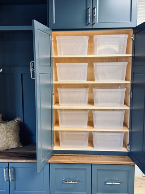 Blue storage cabinet with open doors revealing wooden shelves with clear plastic bins.
