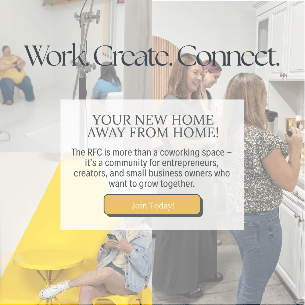 Image with Work. Create. Connect. text over pictures of members using The RFC in St. Louis