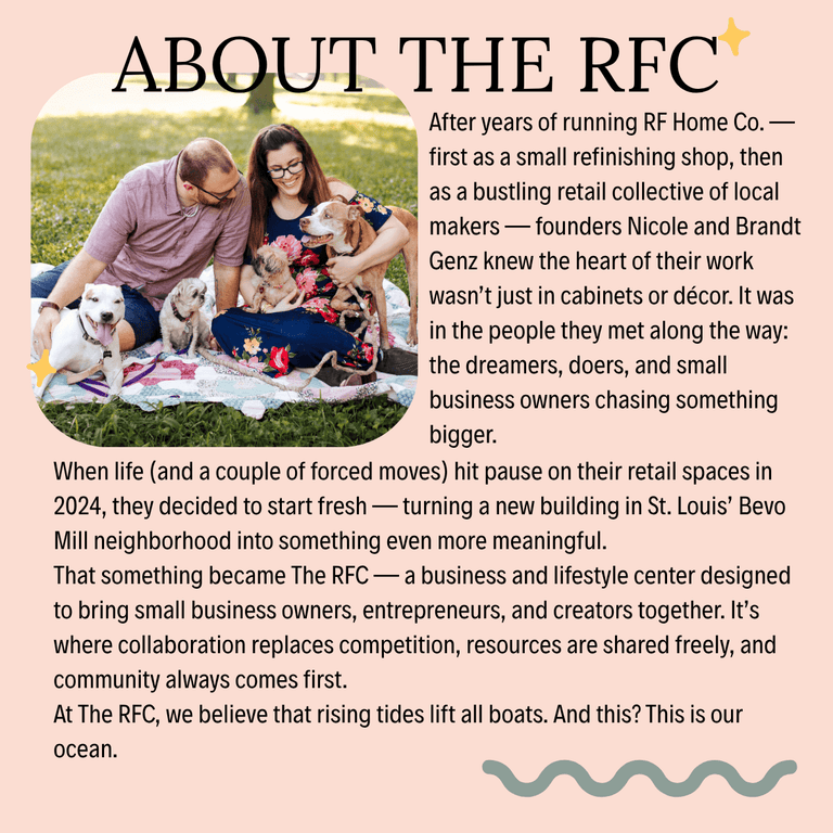 Family with dogs in a park, with text about The RFC on a pink background