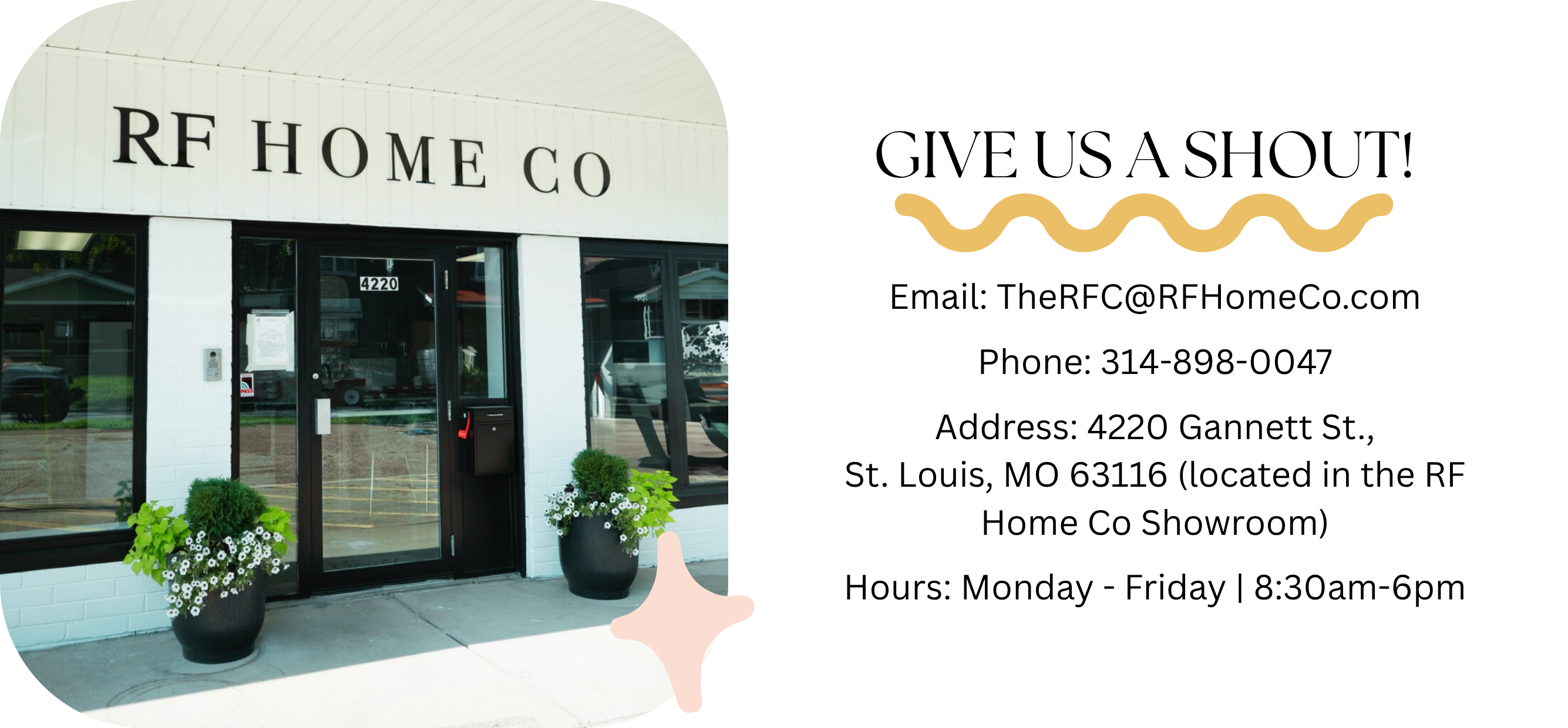 RF Home Co storefront with contact information displayed